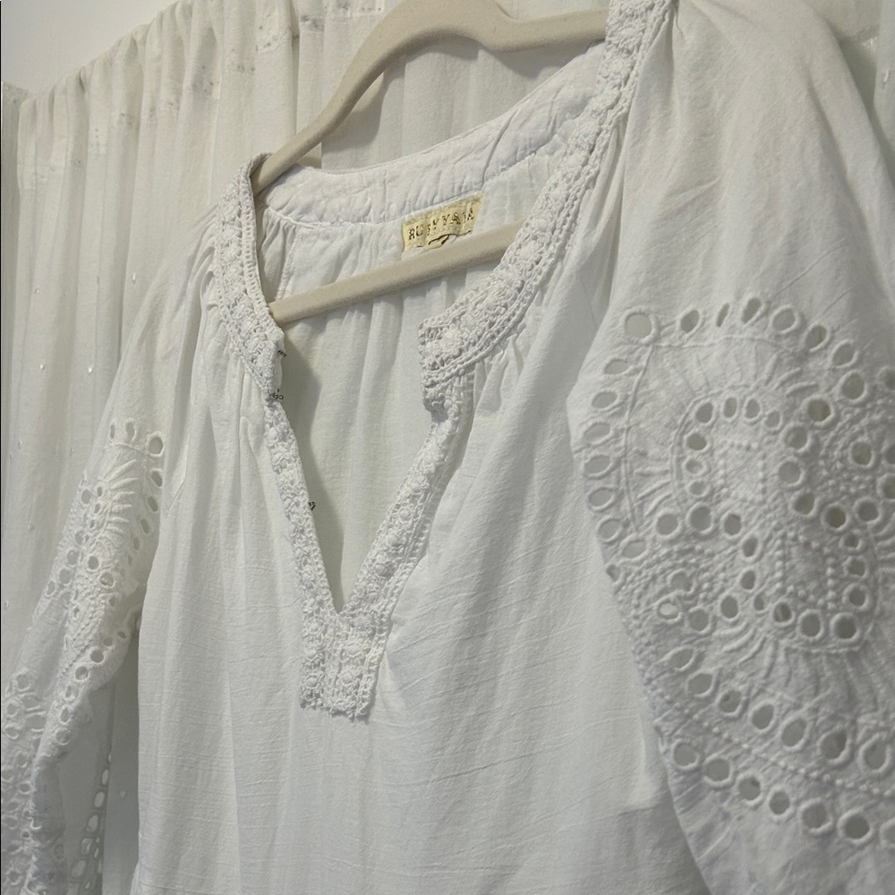 RubyYaya Eyelet Dress Size S White BellSleeve Boho Embroidered - Picture 5 of 16